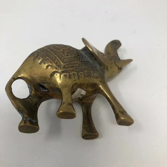 Vintage Small Solid Brass Elephant Raised Trunk Embossed Ornate MCM Figurine - Picture 6 of 11